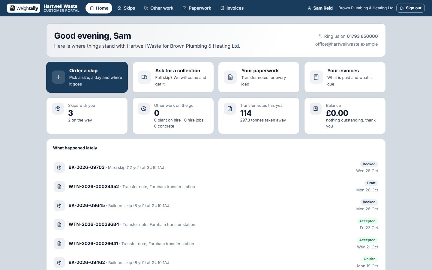 The customer portal's home page